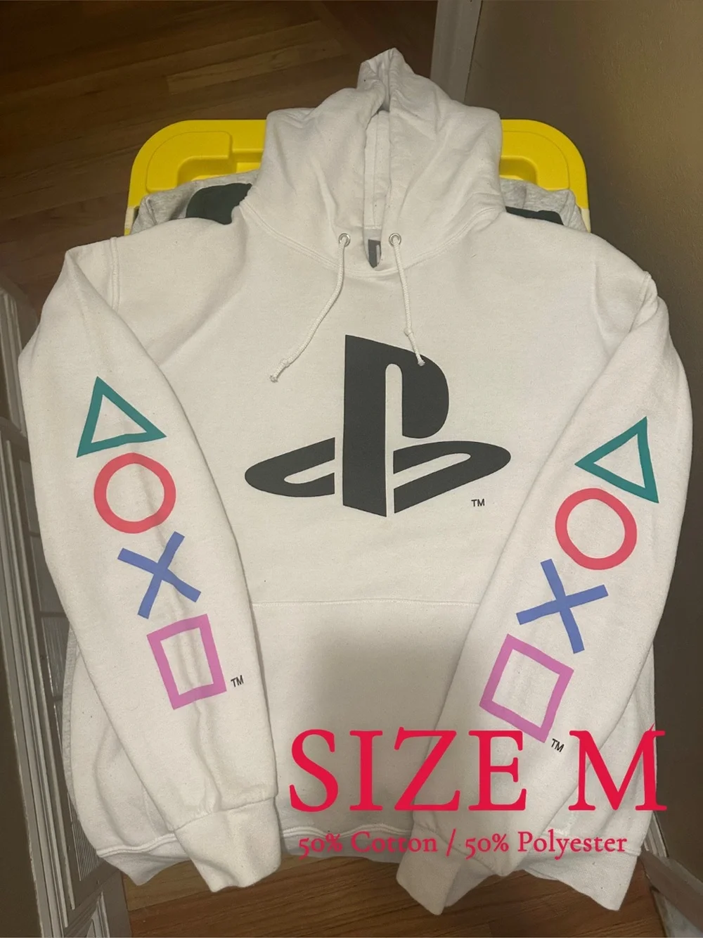 Sony White Hoodie with Black Logo and Multicolor Controller Icons